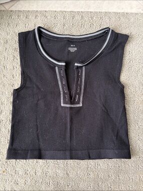 Three Bird Nest Black Ribbed Sleeveless Crop Top with Gray Trim